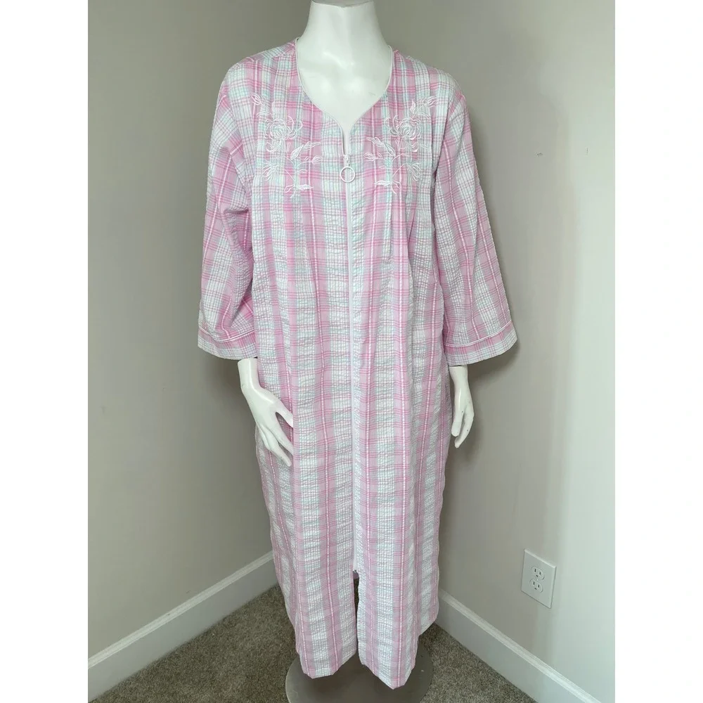 Miss Elaine Pink Plaid Seersucker Zip Front House Coat Robe Plus Size 1X